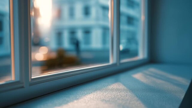 Fragment of new window frame defocused construction, faceless installation detail, frame visualization closeup, blurred building background, window concept, construction interface,