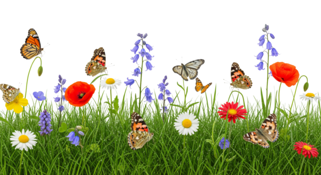 Spring flowers and grass with butterflies flying, isolated on white