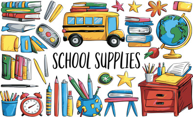 School supplies items with bus desk and globe illustration