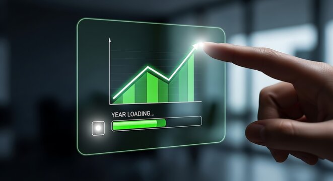 Human finger touching glowing green bar graph with upward trend and loading bar on futuristic screen