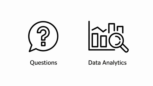 Questions and Data Analytics Icons on White Background Illustrating Business Decisions and Statistical Analysis