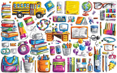School stationery set with books pencils and pens equipment