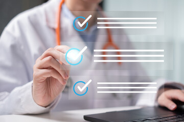 Professional physician doctor working in hospital health care medicals document report form record checklist diagnosis and treatment of patient concept