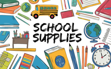 School supplies text design with bus and globe books pencils