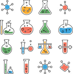 Science and chemistry lab equipment flat line icons collection