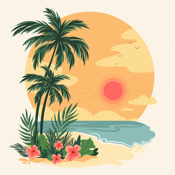 Colorful tropical beach illustration with palm trees, lush leaves and vibrant flowers. Bright summer artwork ideal for travel, vacation, and coastal design projects.