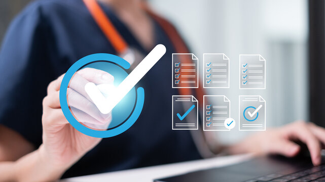Professional doctor physician working on futuristic health care electronic medical record EMR document report patient information diagnosis treatment and management checklist hospital technology
