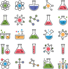 Science and chemistry lab equipment, molecules, and atom icons