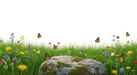 Spring flowers and grass with butterflies flying, isolated on white
