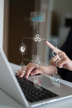 Professional entrepreneur businessman using ai artificial intelligence improve business workflow flowchart diagram system algorithm project management planning strategy data analysis laptop streamline