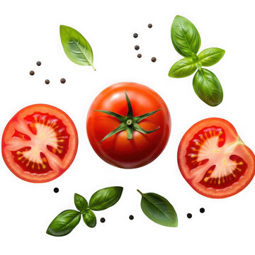 Fresh tomato and basil isolated on transparent background