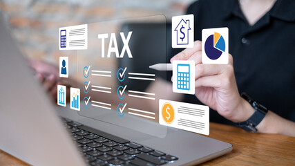 Tax calculate financial accounting income investment economy business budget money government finance inspecting return online payment digital taxation pay service calendar tax day banking concept