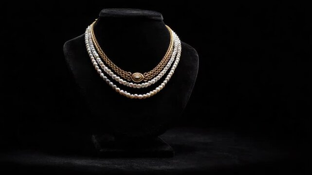 Elegant Multi Strand Pearl Necklace With Gold Accents Displayed On Black Velvet Bust Against A Dark Studio Background With Soft Lighting