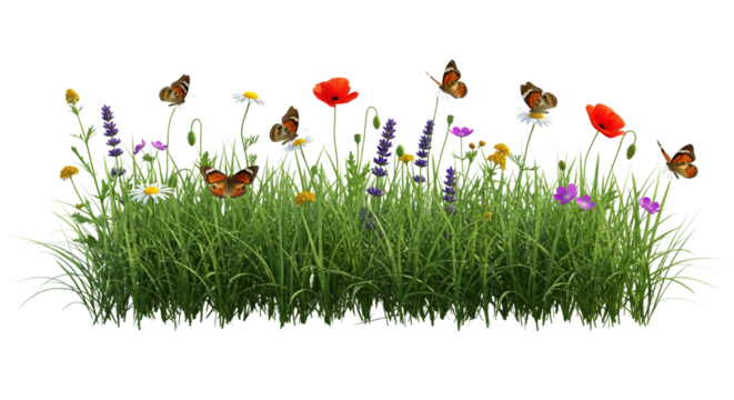 Spring flowers and grass with butterflies flying, isolated on white