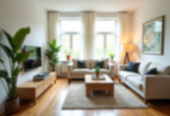 Blurred background of a bright and airy modern living room featuring natural light, cozy decor, and inviting seating arrangements, creating a peaceful and stylish atmosphere.