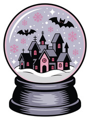 Spooky haunted house snow globe with bats and pink snowflakes