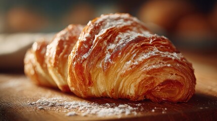 Two fresh croissants on wooden board