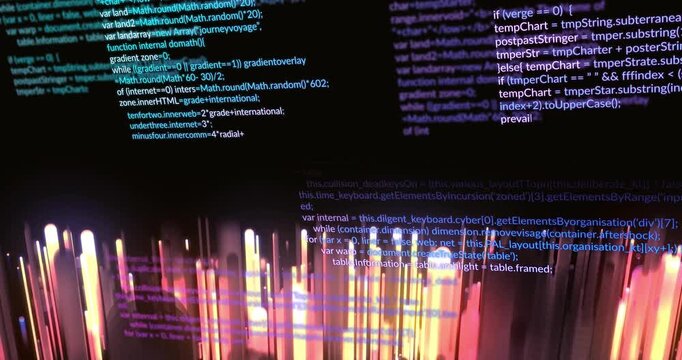 On data input glowing pillars pulsing and shifting while code text changing clarity to show data