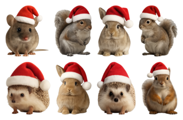 PNG Adorable animals wearing Santa hats, transparent background