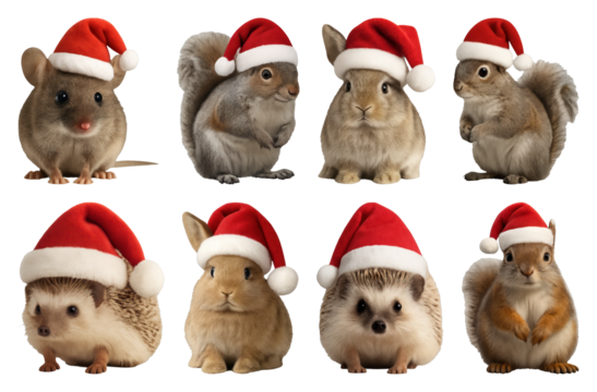 PNG Adorable animals wearing Santa hats, transparent background