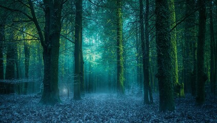 Fototapeta premium Enchanted forest with soft glowing lights that gently illuminate the snowy trees, a subtle mist that rises from the forest floor, vibrant colors of emerald green and sapphire