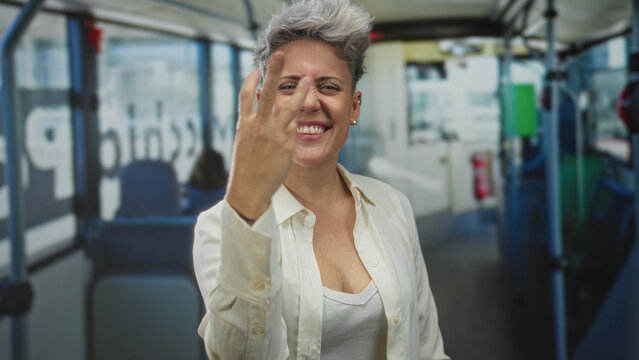 Woman with short hair clenches her fists and grins widely in a brightly lit colorful bus interior; triumph.