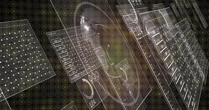Angled panels starting sliding, glass panels and circular gauge rotating, visualizing forex data
