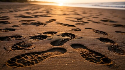 Footprints in the sand at sunset on a beach.