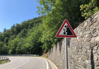 Warning sign for falling rocks on a winding mountain road