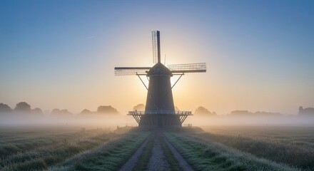 Windmill silhouette at dawn with pathway through misty landscape