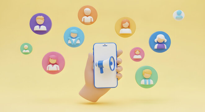 3D hand holding a smartphone with megaphone icon surrounded by floating diverse user avatars for communication