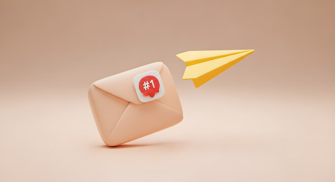 3D render of a single notification message on an envelope next to a flying paper plane
