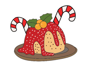 Festive Christmas pudding with striped candy canes and holly berries