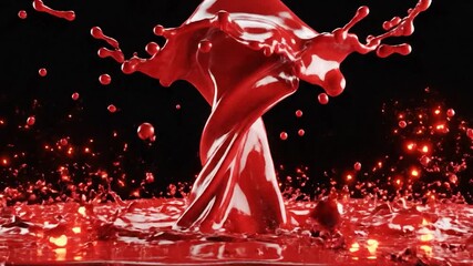 A vibrant red liquid crown splash against a stark black background