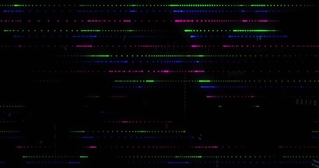 Digital glitch starting with sparse RGB dots, rows growing, code appearing, showing data flow - Powered by Adobe