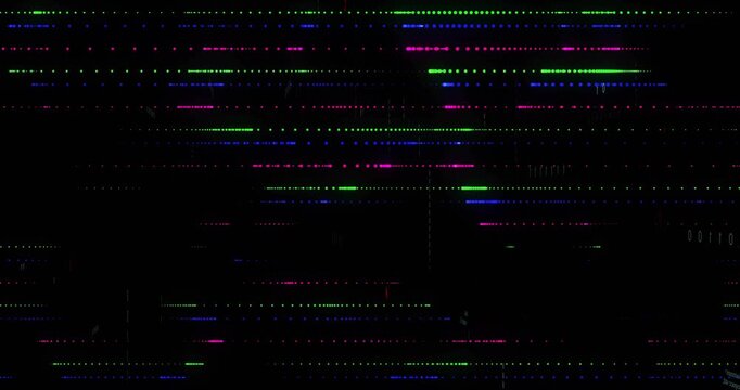 Digital glitch starting with sparse RGB dots, rows growing, code appearing, showing data flow
