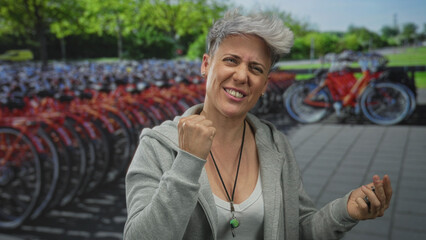 Woman in grey hoodie checking stopwatch and pointing at timer near bike racks on street; anticipation.