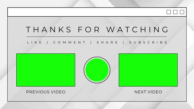 Modern YouTube end screen template with green screen placeholders for videos and subscribe button, featuring 'Thanks for Watching' message.
