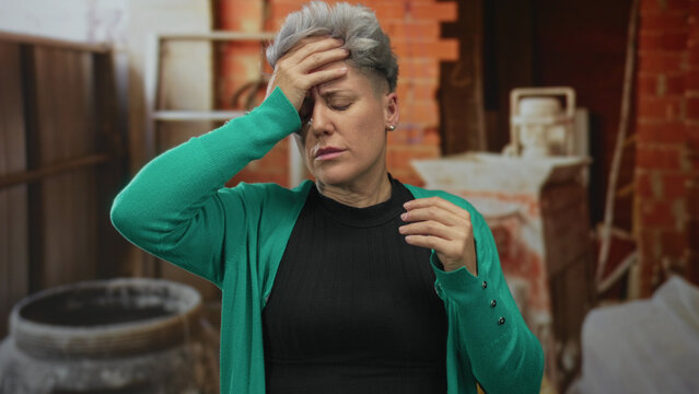Woman with short gray hair and green cardigan holds head inside a building with scattered bricks and power tools in view; stress.