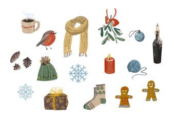 Set of winter symbols, cozy winter elements on transparent background, winter festive season designs