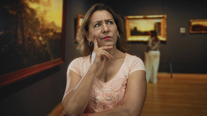 Woman wearing pink blouse stands with hand on chin examining painting in art gallery building;...