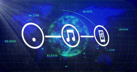 Topleft flare sweeping ripple becoming Wi?Fi music phone icons linking over globe showing streaming - Powered by Adobe