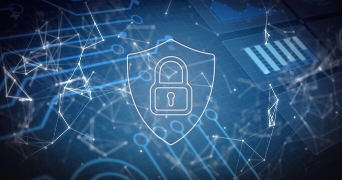 On start shield with padlock staying locked while network mesh shifting and pulsing, securing data