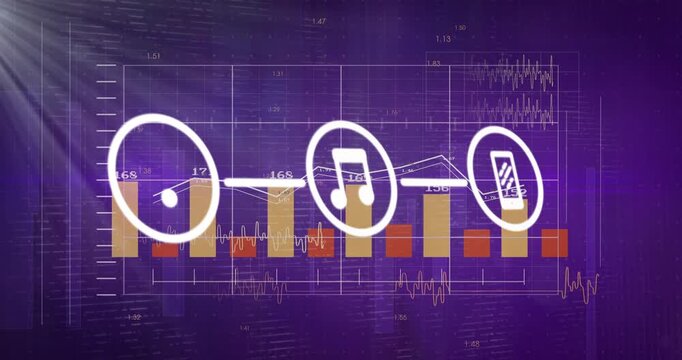 Top-left light beam sweeping, chart animating with bars growing, icons revealing, showing trends