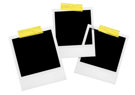 Three polaroid photos with yellow tape isolated on transparent background - Powered by Adobe
