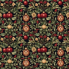 Christmas seamless pattern featuring ornate red and gold baubles, dark green leaves. Arts and Crafts movement inspired.