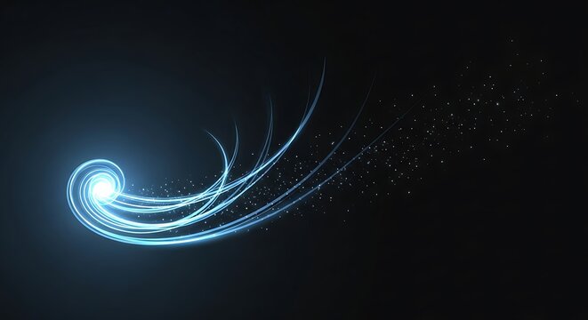 Abstract blue light trail with swirling motion and sparkling particles on a dark background - Powered by Adobe