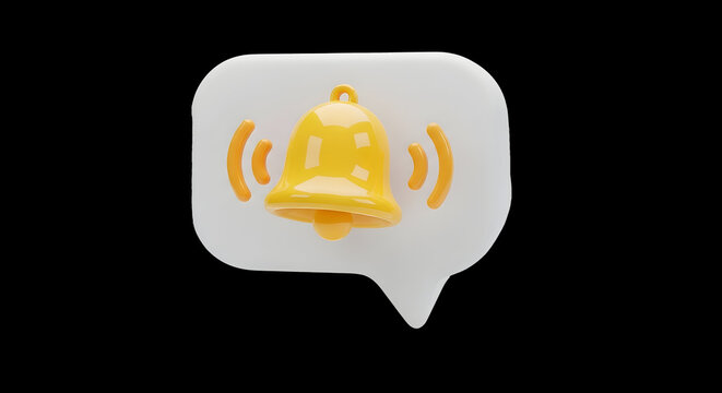 Title: 3D Notification Bell in Speech Bubble Icon, Urgent Message Alert