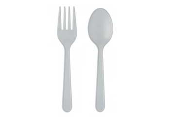 Plastic fork and spoon on transparent background, showing disposable cutlery for picnics, parties, and fast food eating