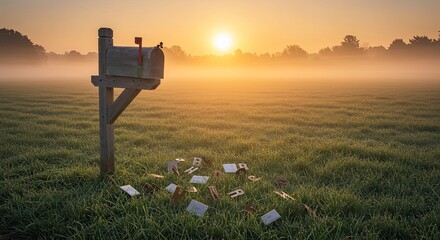 Rural mailbox with delivered letters against a sunrise sky